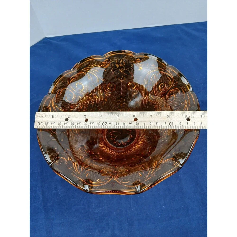 Indiana Glass Co Amber Tiara Glass Ruffled Console Fruit Bowl Footed 10” x 5”